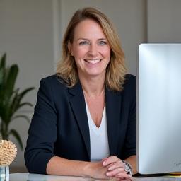 Maria Ekström, kundrelationsansvarig, sitter vid ett skrivbord och ler