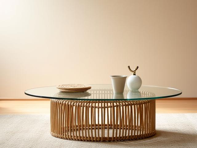 Lågt kaffebord med glasplatta och underrede i tvinnad naturrotting, på en ljus matta