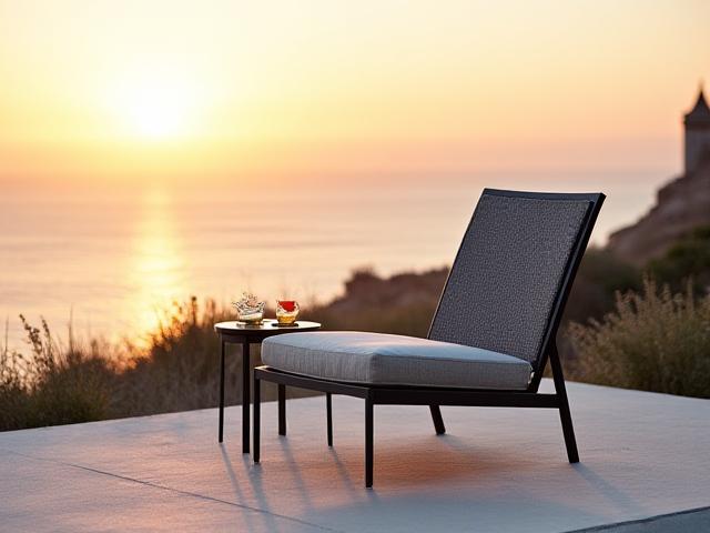 Elegant utestol i väderbeständig marinmetall och vävt linne, placerad på en uteplats med havsutsikt